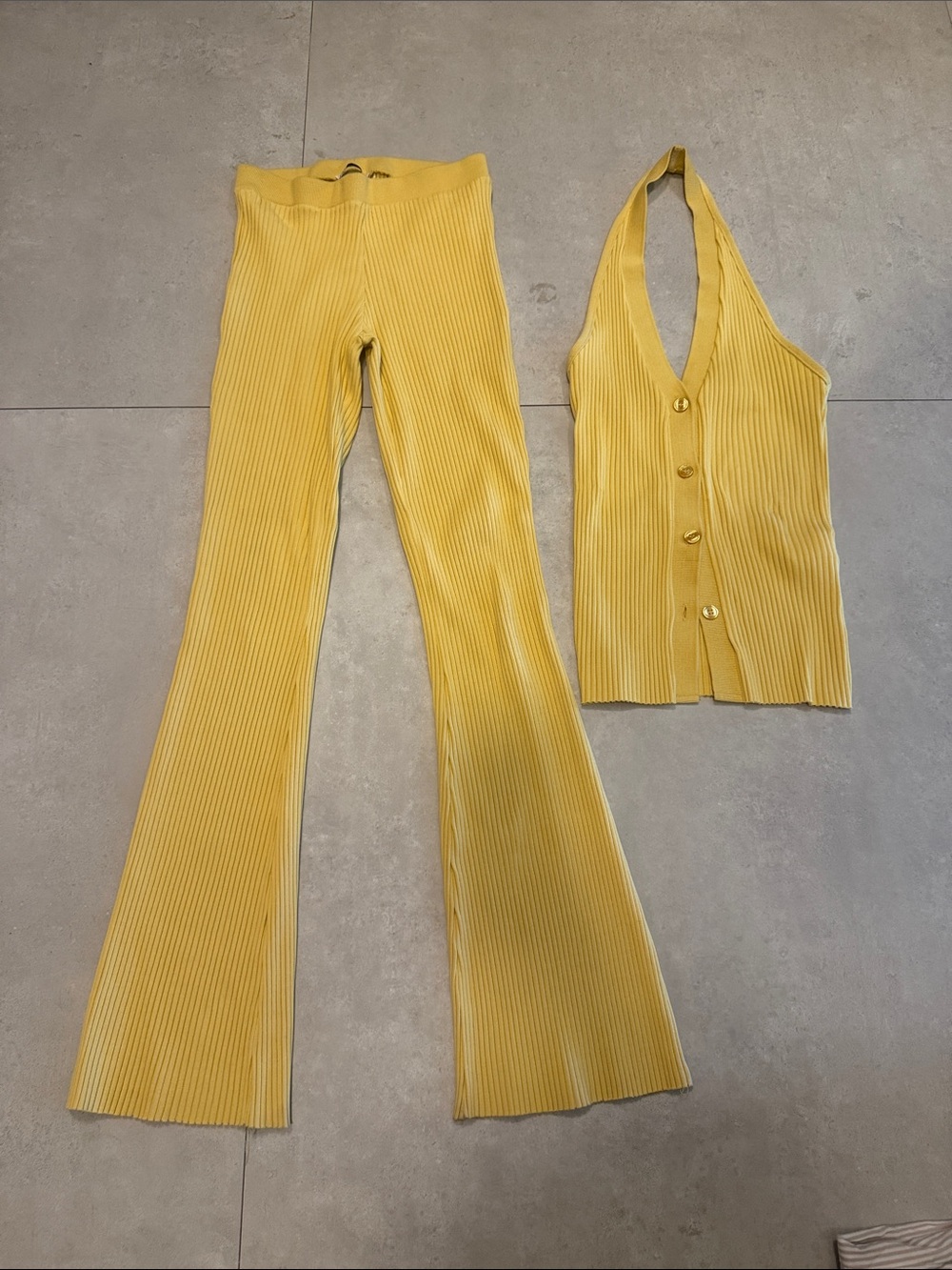 Zara Ribbed Halter Button Vest & Flared Pants Set — Yellow